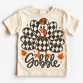 Vintage Plaid Gobble Turkey with Cap graphic on natural tee, front view on white background