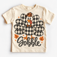 Vintage Plaid Gobble Turkey with Cap graphic on natural tee, front view on white background