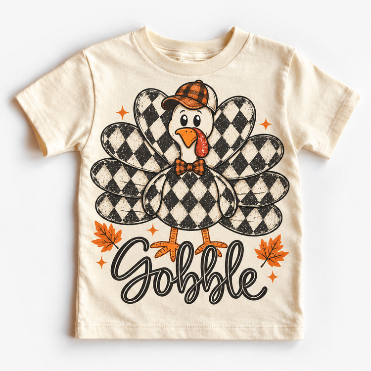 Vintage Plaid Gobble Turkey with Cap graphic on natural tee, front view on white background
