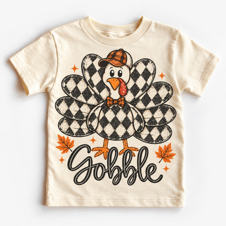 Vintage Plaid Gobble Turkey with Cap graphic on natural tee, front view on white background