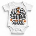 Vintage Plaid Gobble Turkey with Cap graphic on white bodysuit, front view on white background
