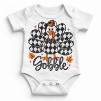 Vintage Plaid Gobble Turkey with Cap graphic on white bodysuit, front view on white background