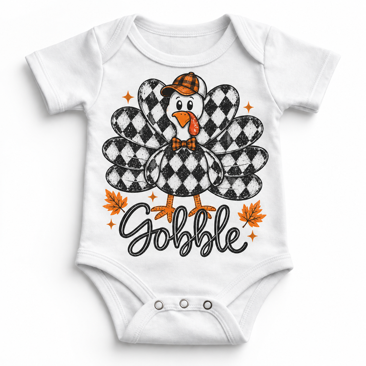 Vintage Plaid Gobble Turkey with Cap graphic on white bodysuit, front view on white background