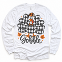 Vintage Plaid Gobble Turkey with Cap graphic on white long sleeve tee, front view on white background