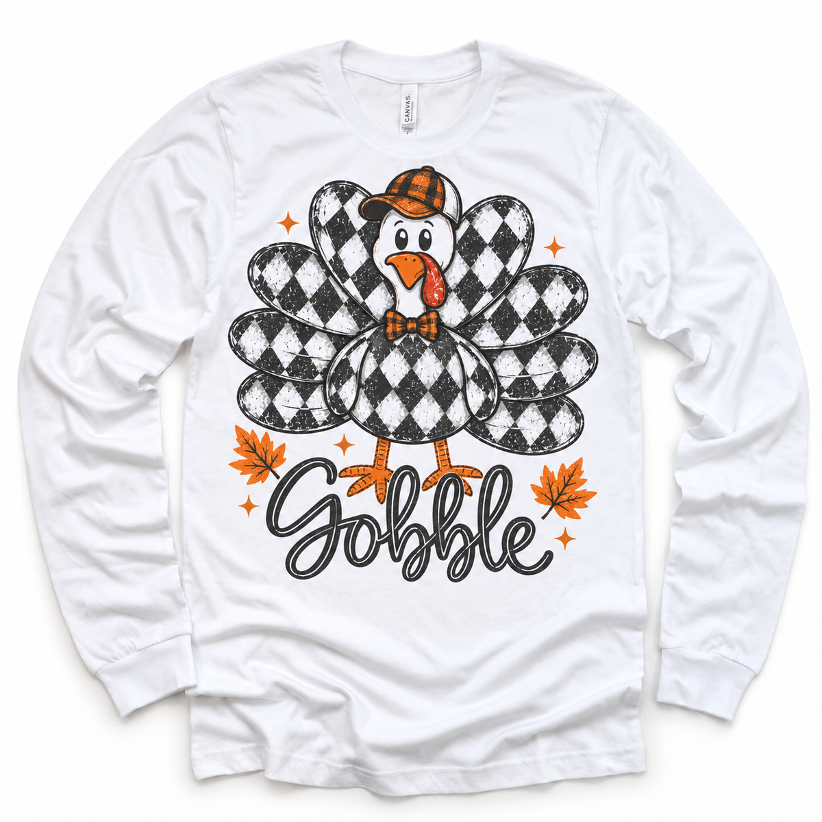 Vintage Plaid Gobble Turkey with Cap graphic on white long sleeve tee, front view on white background