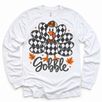 Vintage Plaid Gobble Turkey with Cap graphic on white long sleeve tee, front view on white background