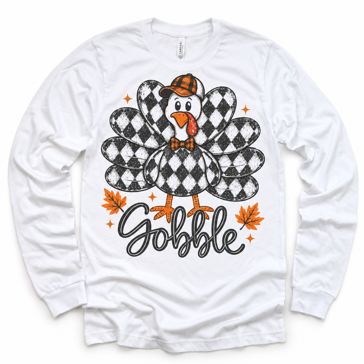 Vintage Plaid Gobble Turkey with Cap graphic on white long sleeve tee, front view on white background