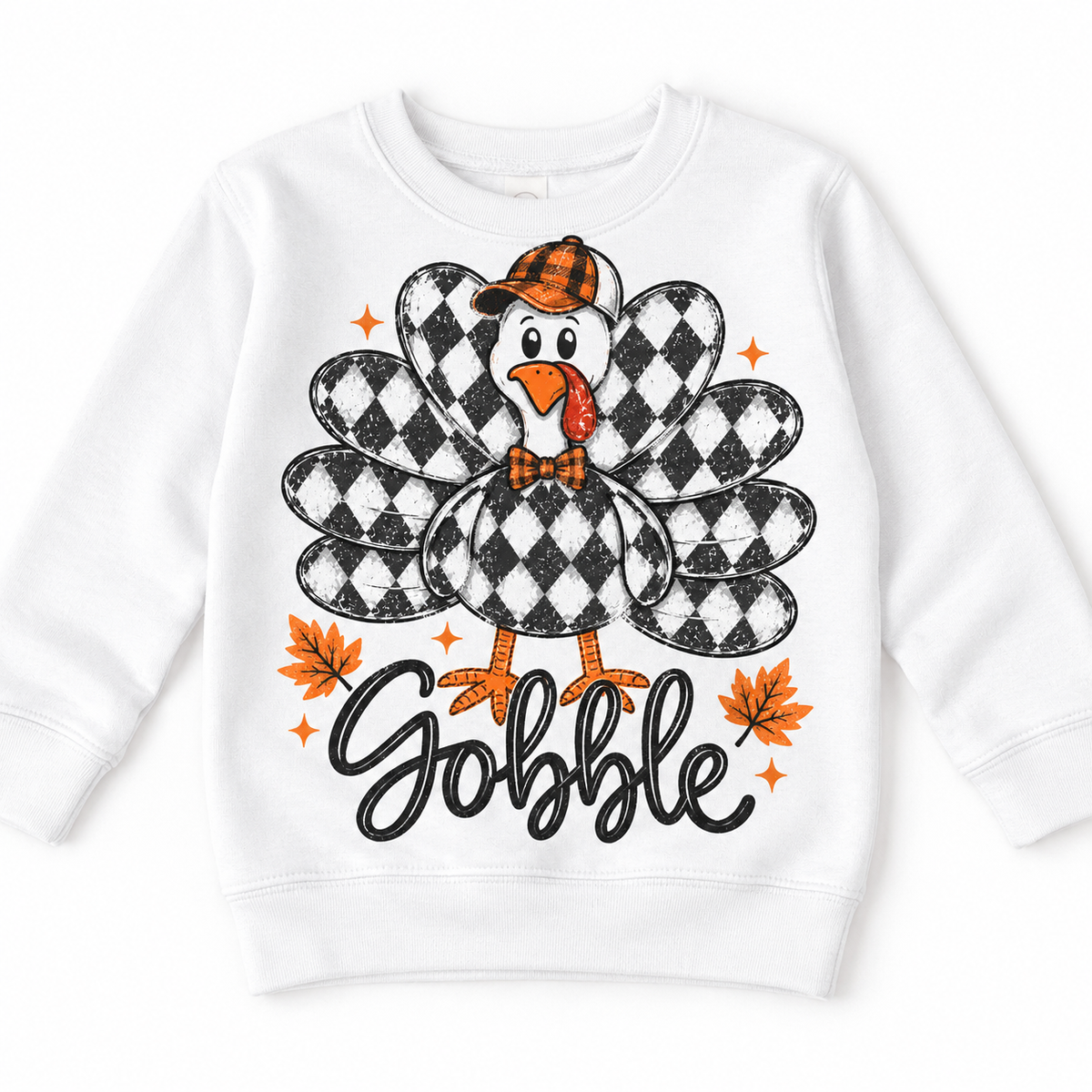 Vintage Plaid Gobble Turkey with Cap graphic on white sweatshirt, front view on white background