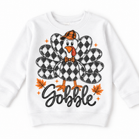 Vintage Plaid Gobble Turkey with Cap graphic on white sweatshirt, front view on white background