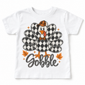 Vintage Plaid Gobble Turkey with Cap graphic on white tee, front view on white background