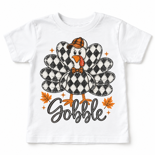 Vintage Plaid Gobble Turkey with Cap graphic on white tee, front view on white background