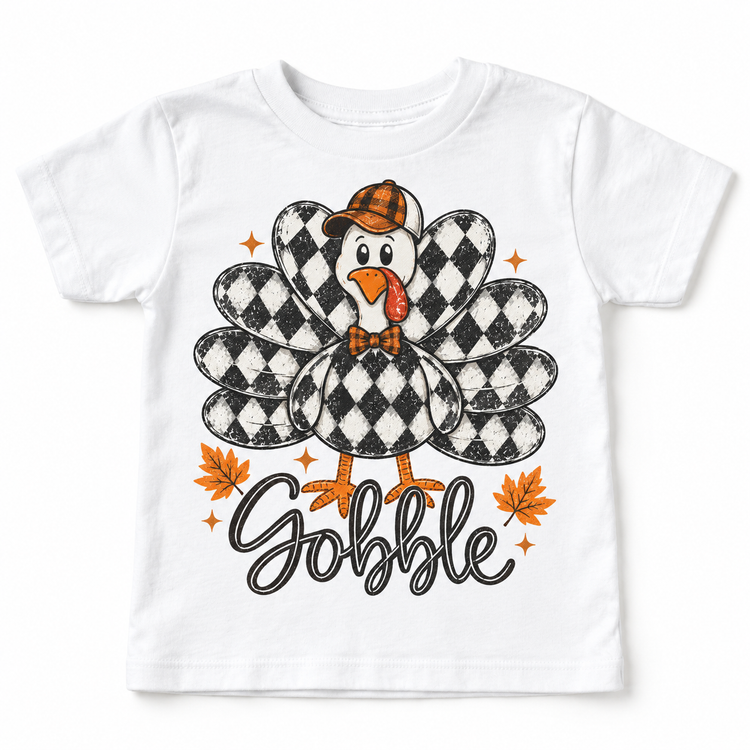 Vintage Plaid Gobble Turkey with Cap graphic on white tee, front view on white background
