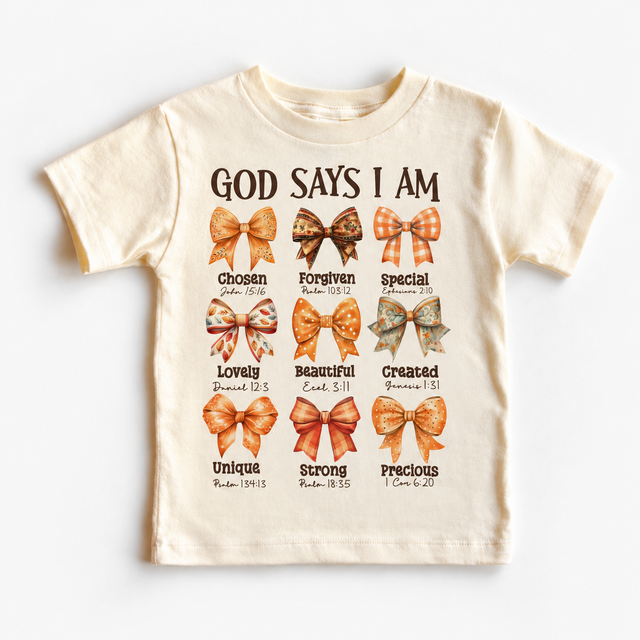 God Says I Am bows Christian girls shirt in natural