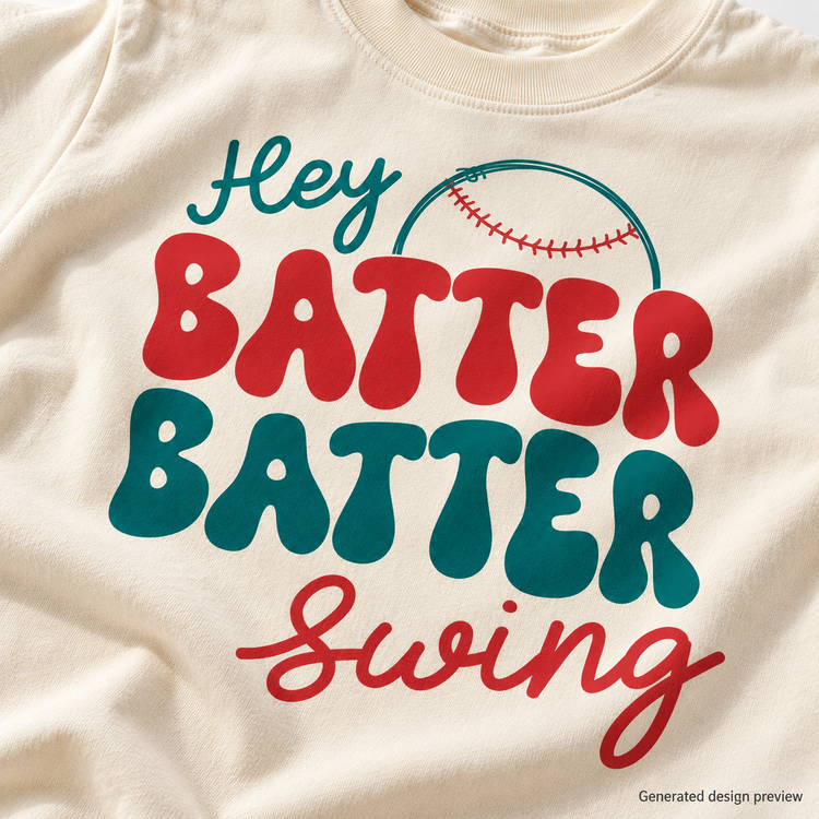 Generated design detail preview of the Hey Batter Batter Swing artwork; simulated mockup, not a photograph of actual print quality.