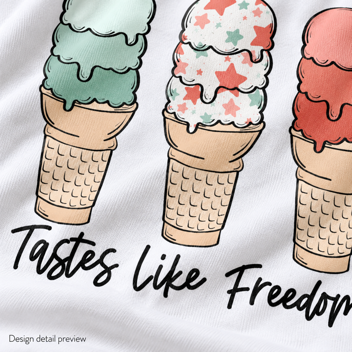 Generated design detail preview of Tastes Like Freedom ice cream artwork; not an actual print-quality photograph