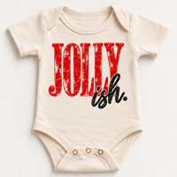 Jolly-ish distressed red and black Christmas graphic on natural bodysuit
