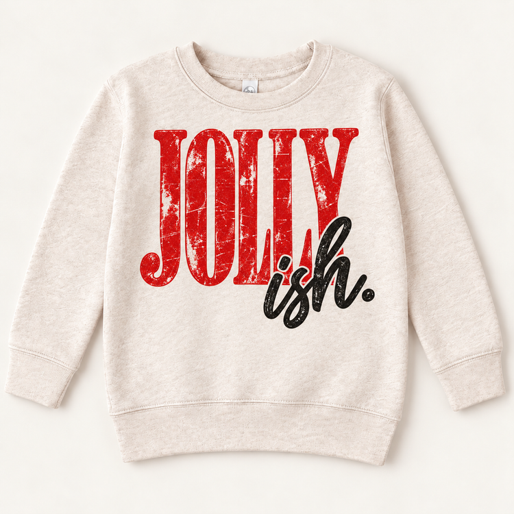 Jolly-ish distressed red and black Christmas graphic on natural sweatshirt