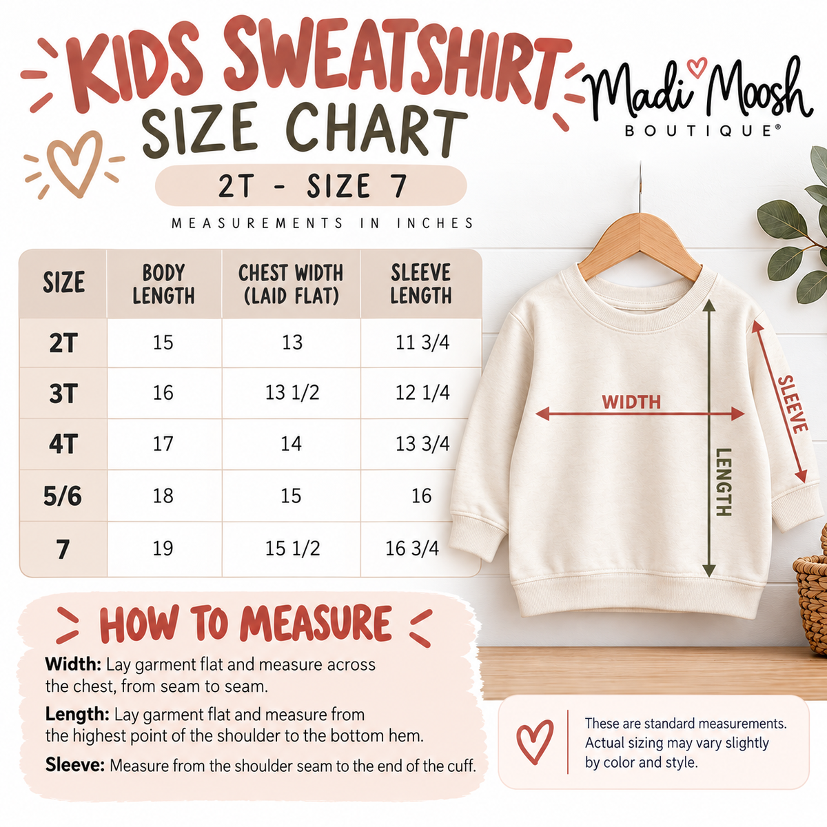 Kids sweatshirt size chart