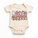 Let's Go Ghouls Halloween graphic on natural baby bodysuit