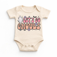 Let's Go Ghouls Halloween graphic on natural baby bodysuit