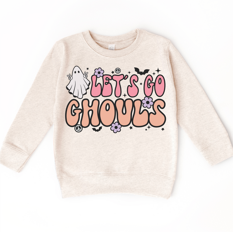 Let's Go Ghouls Halloween graphic on natural sweatshirt