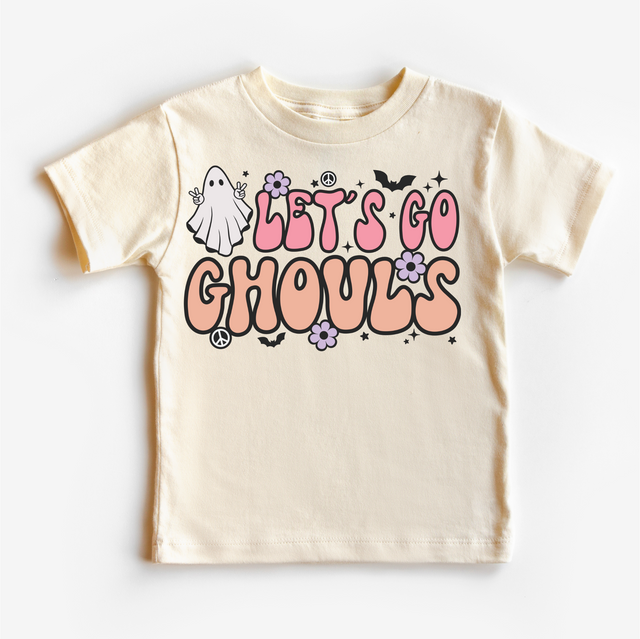 Let's Go Ghouls Halloween graphic on natural T-shirt
