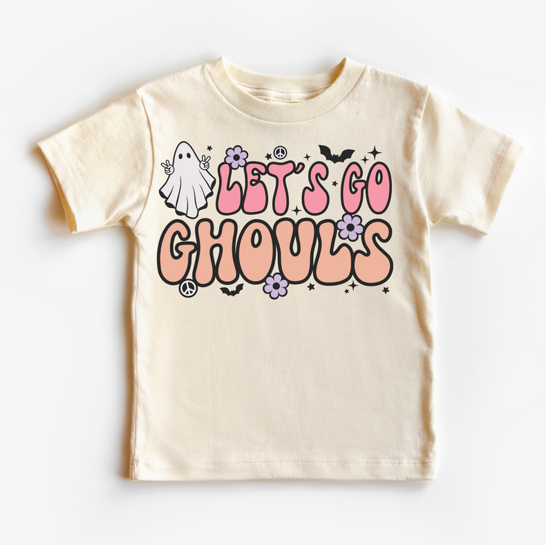 Let's Go Ghouls Halloween graphic on natural T-shirt