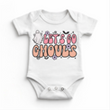 Let's Go Ghouls Halloween graphic on white baby bodysuit