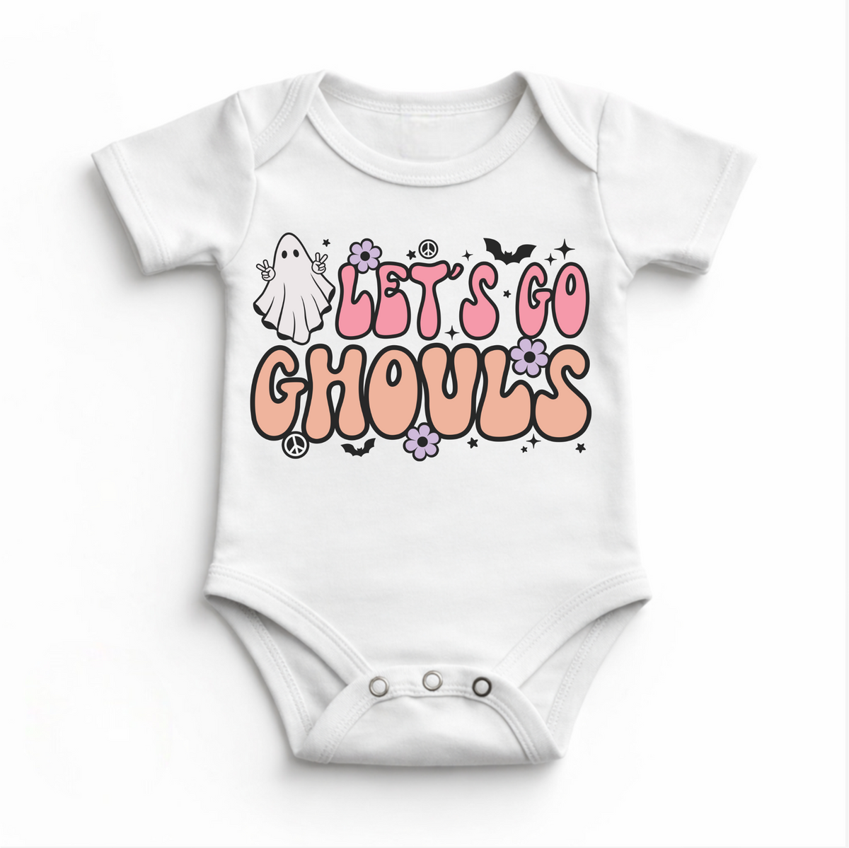 Let's Go Ghouls Halloween graphic on white baby bodysuit