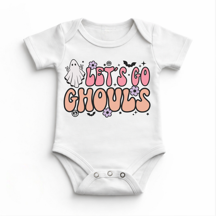 Let's Go Ghouls Halloween graphic on white baby bodysuit