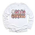 Let's Go Ghouls Halloween graphic on white long sleeve tee