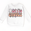 Let's Go Ghouls Halloween graphic on white sweatshirt