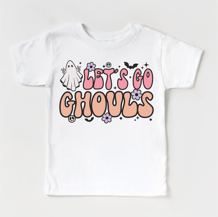 Let's Go Ghouls Halloween graphic on white tee