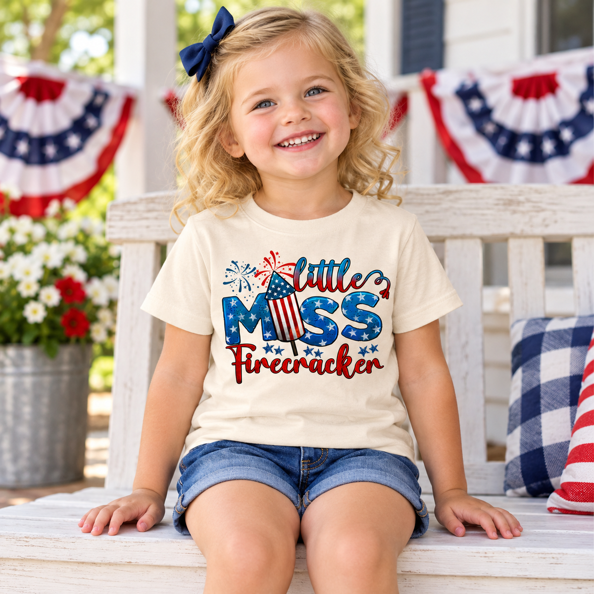 Toddler girl wearing a natural Little Miss Firecracker tee on a porch decorated for July Fourth.