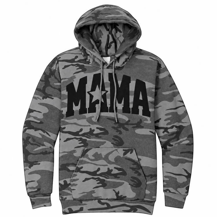 MAMA star graphic hoodie in Black Heather Camo