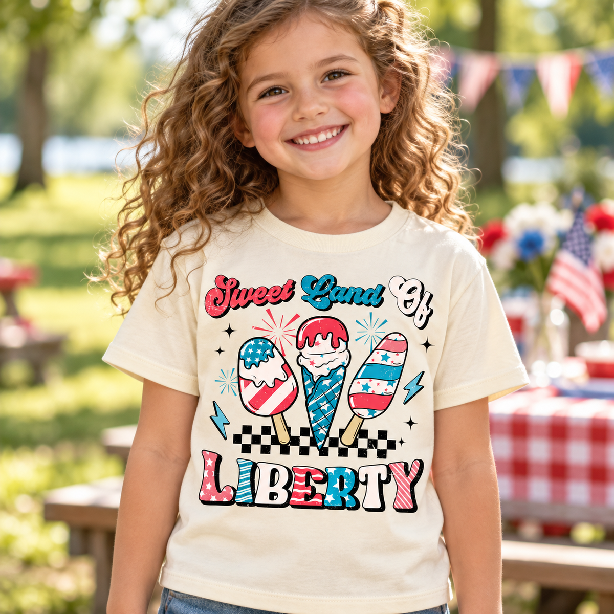 Child wearing Natural Sweet Land Of Liberty Shirt outdoors