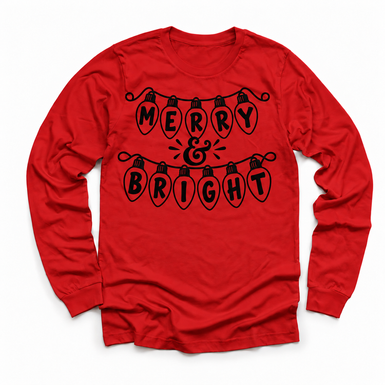 Merry and Bright Christmas lights printed in black on red longsleeve