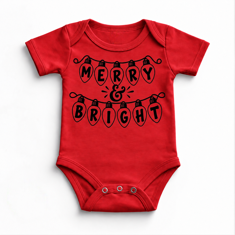 Merry and Bright Christmas lights printed in black on red onesie