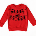 Merry and Bright Christmas lights printed in black on red sweatshirt