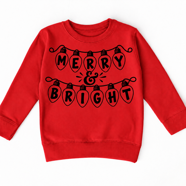 Merry and Bright Christmas lights printed in black on red sweatshirt