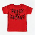 Merry and Bright Christmas lights printed in black on red tee