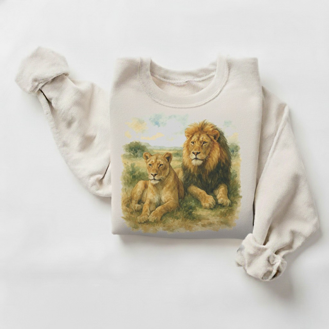 Retro Lion and Lioness Wildlife Watercolor Sweatshirt  - Africa Sweater