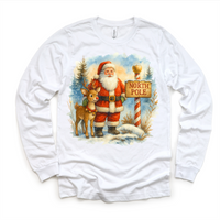 Santa and Rudolph North Pole Christmas design on a long sleeve shirt.