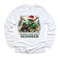 Nothing Runs Like A Reindeer Christmas Tractor design on a long sleeve shirt.