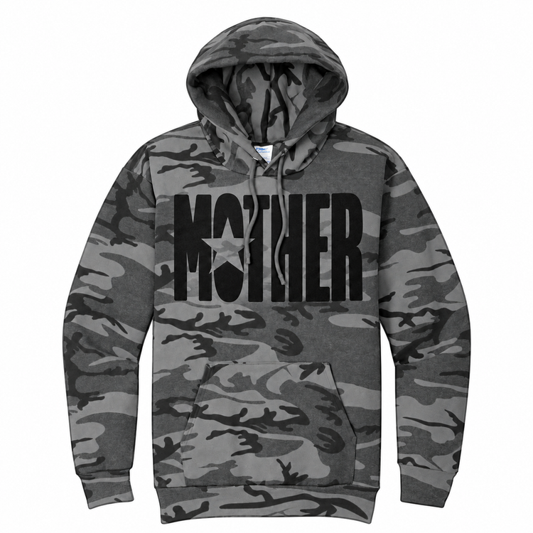Mother star graphic on Black Heather Camo pullover hoodie