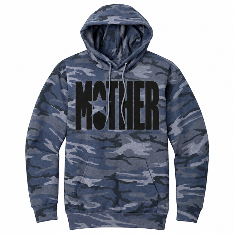 Mother star graphic on Heather Navy Camo pullover hoodie