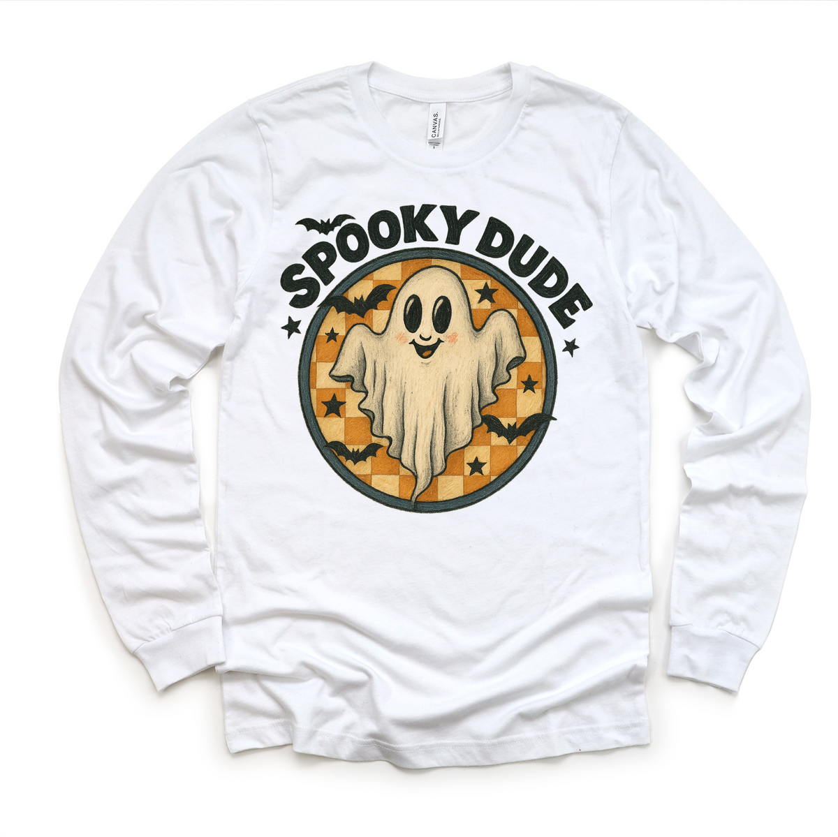 Spooky Dude Ghost Halloween design on a long sleeve shirt.