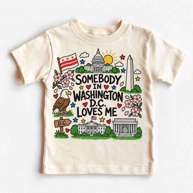 Somebody in Washington D.C. Loves Me natural shirt with Washington landmarks and cherry blossoms