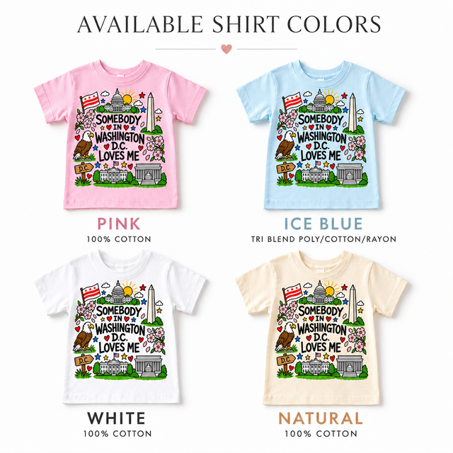 Washington D.C. Loves Me short sleeve shirts in Pink, Ice Blue, White and Natural