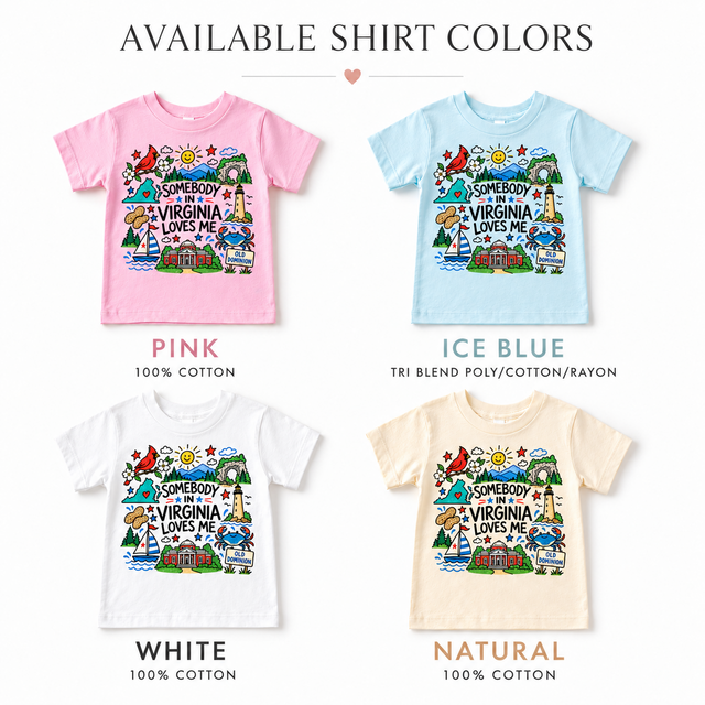 Virginia Loves Me short sleeve shirts in pink, ice blue, white and natural